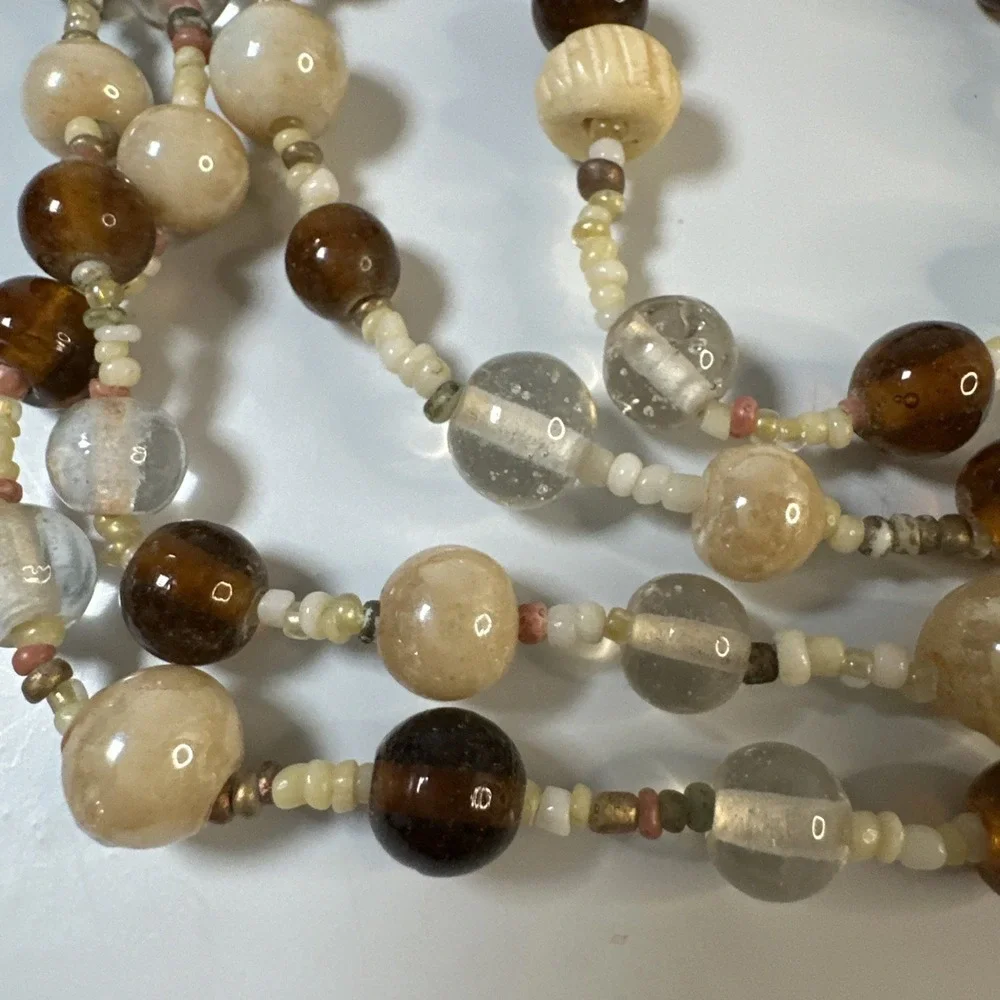 Vintage Boho Statement Necklace 42 Inch Over Head Carved Wood Bead Artisan